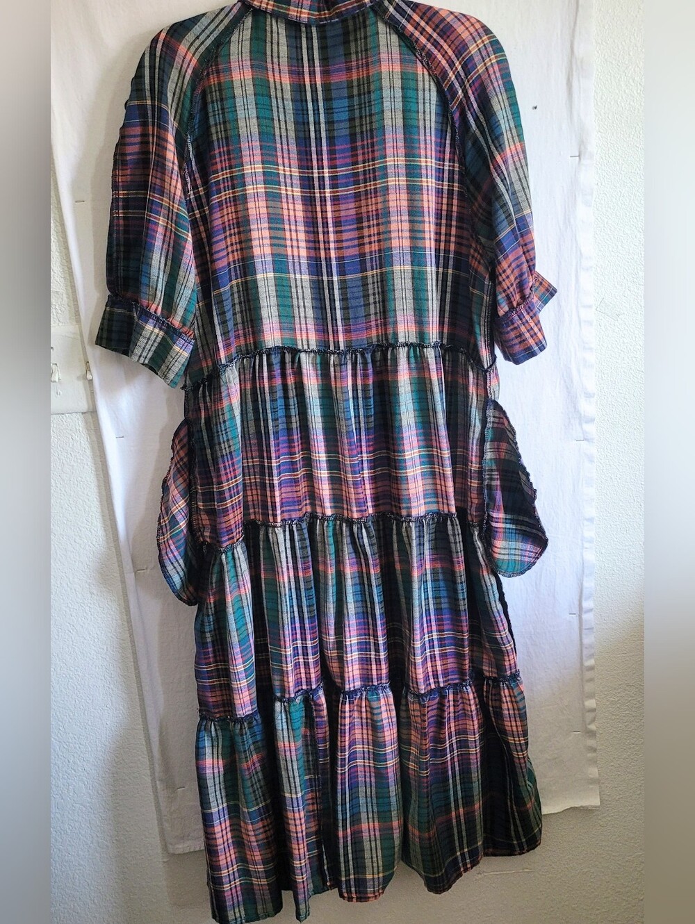 Natural Life Flannel Plaid Tiered Midi Dress - Green & Pink Size L - Picture 10 of 10